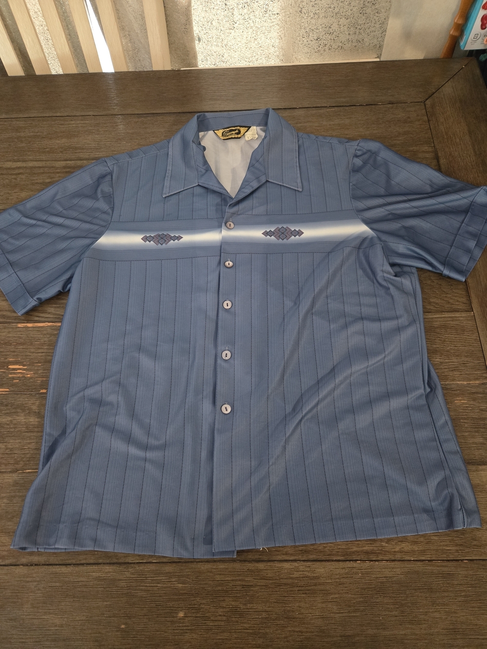 VTG 70s Triumph of California Disco Shirt XL Blue Geometric Poly Made in USA